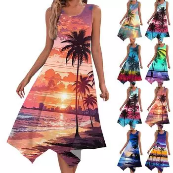 Женские летние модные платья миди с круглым вырезом без рукавов и гавайским принтом с нерегулярным подолом L синий