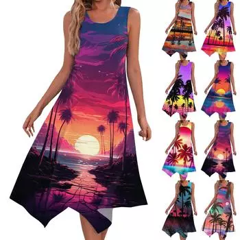 Женские летние модные платья миди с круглым вырезом без рукавов и гавайским принтом с нерегулярным подолом L синий