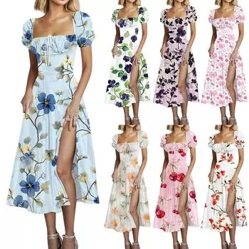 Женские летние модные платья с цветочным принтом, завязками на груди, высокой талией, рукавами-фонариками и разрезами на талии L синий
