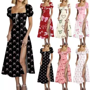 Женские летние модные платья с цветочным принтом, завязками на груди, высокой талией, рукавами-фонариками и разрезами на талии L чёрный