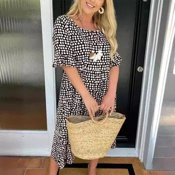 Женские летние модные платья с круглым вырезом и короткими рукавами с принтом S чёрный
