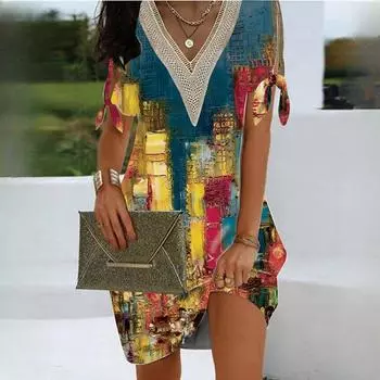 Женские летние модные платья с разрезом на рукаве и бантом на вырезе, кружевные платья с принтом S белый