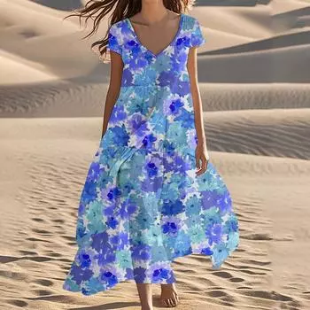 Женские летние модные пляжные платья с V-образным вырезом и коротким рукавом с цветочным принтом L синий