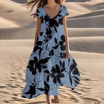 Женские летние модные пляжные платья с V-образным вырезом и коротким рукавом с цветочным принтом XXL синий