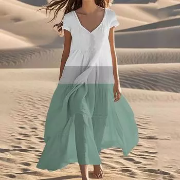 Женские летние модные пляжные платья с V-образным вырезом и коротким рукавом в полоску с геометрическим принтом L