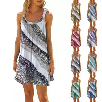 Женские летние модные пляжные повседневные платья в полоску с принтом без рукавов и висячим вырезом L синий