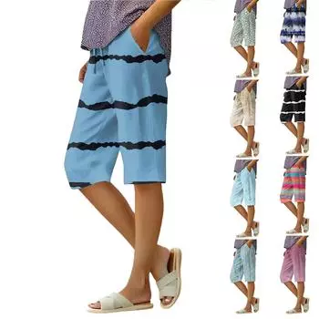 Женские летние модные полосатые цветочные принты длиной до колена легкие повседневные шорты с эластичным поясом и карманами M циан