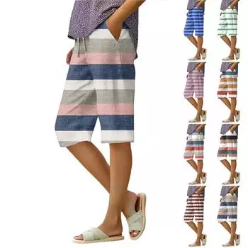 Женские летние модные полосатые легкие повседневные шорты длиной до колена с эластичным поясом и карманами XL синий