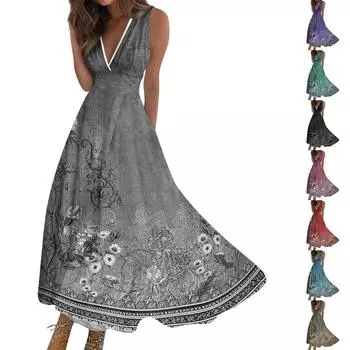 Женские летние модные повседневные платья без рукавов с цветочным принтом и V-образным вырезом L чёрный