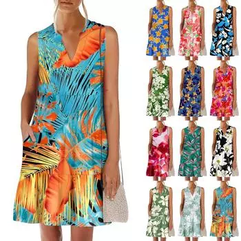 Женские летние модные повседневные платья без рукавов с V-образным вырезом и цветочным принтом в стиле пэчворк XXL