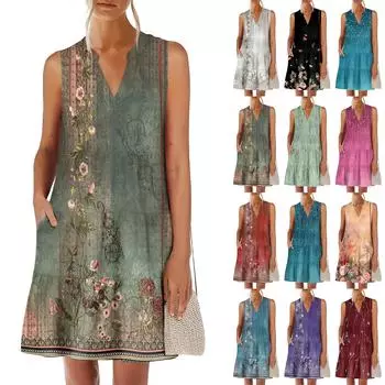 Женские летние модные повседневные платья без рукавов с V-образным вырезом и цветочным принтом в стиле пэчворк XXL красный