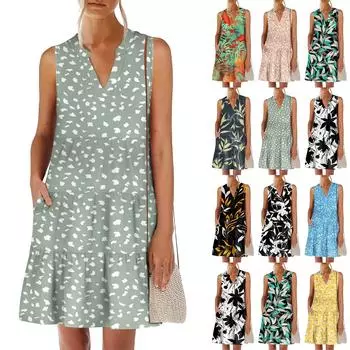 Женские летние модные повседневные платья без рукавов с V-образным вырезом и цветочным принтом в стиле пэчворк M жёлтый