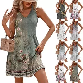 Женские летние модные повседневные платья с v-образным вырезом в стиле пэчворк без рукавов с принтом-жилетом XL чёрный