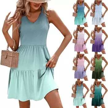 Женские летние модные повседневные платья с v-образным вырезом в стиле пэчворк без рукавов с принтом-жилетом L синий