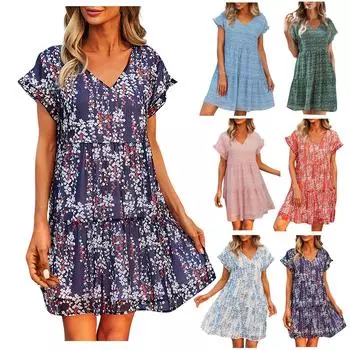 Женские летние модные повседневные платья с v-образным вырезом и принтом, сексуальные платья с короткими рукавами M синий