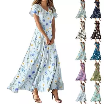 Женские летние модные повседневные платья с цветочным принтом, платья с V-образным вырезом и коротким рукавом M