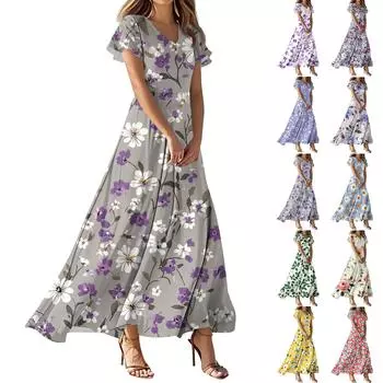 Женские летние модные повседневные платья с цветочным принтом, платья с V-образным вырезом и коротким рукавом XL зелёный