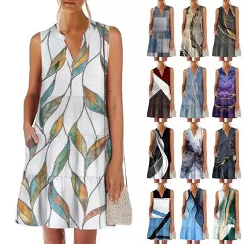 Женские летние модные повседневные платья с V-образным вырезом без рукавов в геометрическом стиле в стиле пэчворк L
