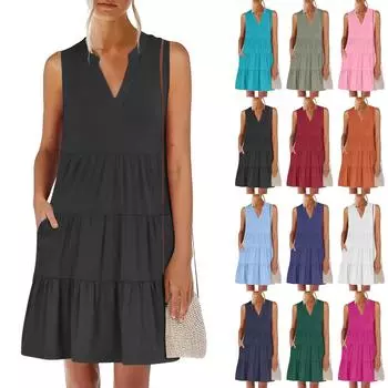 Женские летние модные повседневные платья с V-образным вырезом без рукавов в стиле пэчворк, однотонные L чёрный
