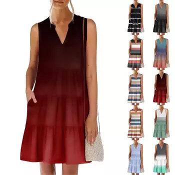 Женские летние модные повседневные платья с V-образным вырезом без рукавов в полоску с градиентом XL