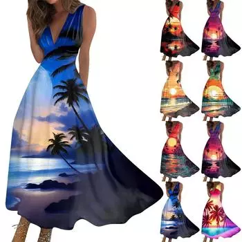 Женские летние модные повседневные платья-туники без рукавов с гавайским принтом и v-образным вырезом L синий