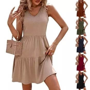 Женские летние модные повседневные платья-жилет без рукавов с v-образным вырезом и плиссировкой в стиле пэчворк XXL