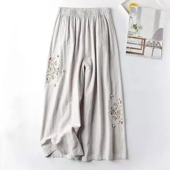 Женские летние модные повседневные прямые широкие брюки с вышивкой в стиле ретро большого размера, девять точек 6XL белый