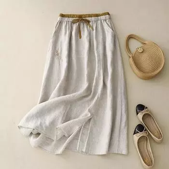 Женские летние модные повседневные прямые широкие брюки с вышивкой в стиле ретро большого размера, девять точек XXL бежевый