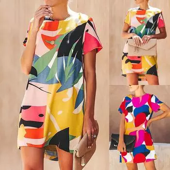 Женские летние модные повседневные сексуальные платья с короткими рукавами с принтом M красный