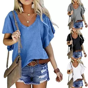 Женские летние модные повседневные топы с v-образным вырезом и коротким рукавом, однотонная футболка, свободная туника XXXL белый