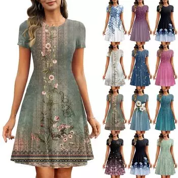 Женские летние модные простые платья в рубчик с коротким рукавом и карманом с цветочным принтом S