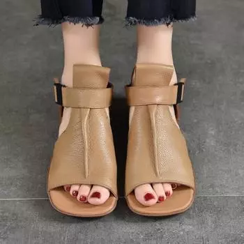 Женские летние модные сандалии на плоской подошве с открытым носком, женская обувь на мягкой подошве с ремешком из натуральной кожи и пряжкой 35 абрикосовый