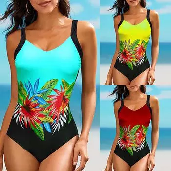 Женские летние модные сексуальные пляжные купальники бикини с v-образным вырезом и принтом XL синий