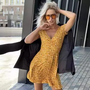 Женские летние модные сексуальные повседневные платья с V-образным вырезом и короткими рукавами с цветочным узором S чёрный