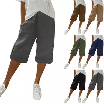 Женские летние модные свободные однотонные повседневные шорты из хлопка и льна на завязках на пуговицах M