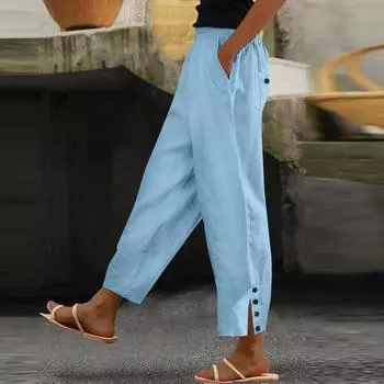 Женские летние модные свободные повседневные однотонные брюки из хлопка и льна с разрезом на пуговицах и карманами S синий