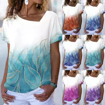 Женские летние модные тонкие топы с диагональным воротником и короткими рукавами с принтом S синий