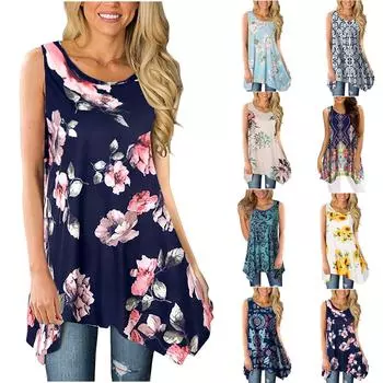 Женские летние модные топы без рукавов с нерегулярными ягодицами и круглым вырезом с принтом L армия зеленый