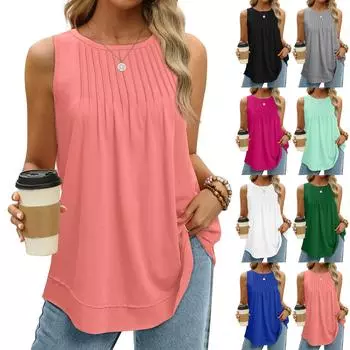 Женские летние модные топы на бретелях 2024, свободные плиссированные рубашки без рукавов с изогнутым подолом, струящаяся одежда L чёрный