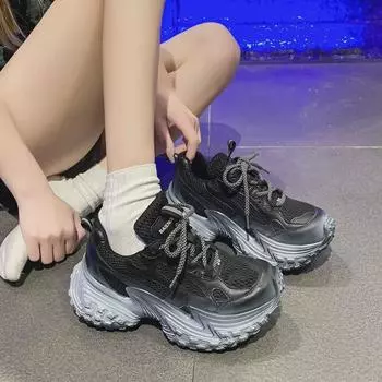 Женские летние модные туфли 2024 года с градиентной сеткой Dad Shoes — толстые, дышащие, повседневные спортивные кроссовки Size 38 чёрный