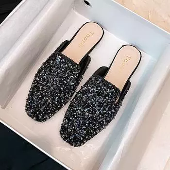 Женские летние мюли Baotou Half-Up: Повседневные сандалии на плоской подошве и ленивые туфли до 43 размера 43 синий