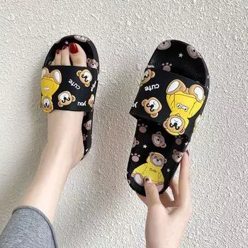 Женские летние нескользящие домашние тапочки для купания в помещении или на открытом воздухе с изображением медведя из мультфильма, домашняя одежда, женские тапочки 36-37 чёрный