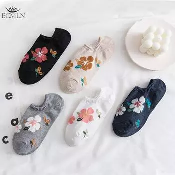 Женские летние носки до щиколотки с невидимым цветком, женские нескользящие носки-лодочки с подкладкой из хлопка One Size