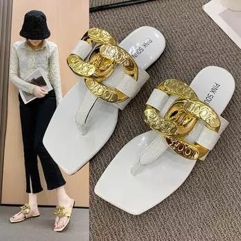 Женские летние новейшие модные шлепанцы с цепочкой, сандалии, тапочки, женские сандалии на плоской платформе, повседневные шлепанцы на плоской подошве, обувь на плоской подошве 42 белый
