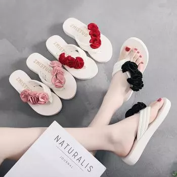 Женские летние новые босоножки из эластичной ткани на танкетке с каблуком 6 см, тапочки-маффины, домашние туфли с цветами из фланели 36 красный