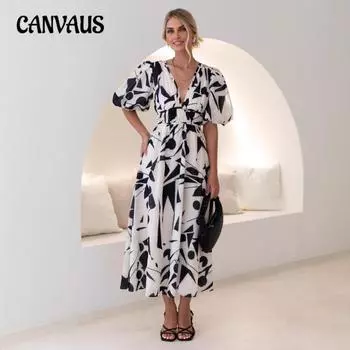 Женские летние новые модели с V-образным вырезом и рукавами-фонариками на талии, тонкие платья с большим качелями, платья с принтом S белый