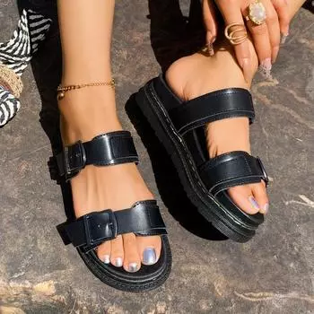 Женские летние новые модные дизайнерские тапочки с круглым носком и открытым носком, уличные пляжные сандалии с толстой подошвой, нескользящие, износостойкие 35 чёрный