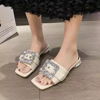 Женские летние новые модные дизайнерские женские туфли со стразами и квадратной пряжкой, уличные повседневные нескользящие женские тапочки на плоской подошве
