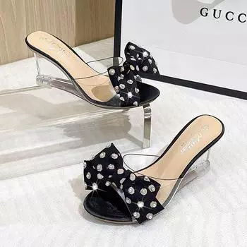 Женские летние новые пикантные прозрачные шлепанцы на высоком каблуке с волнистыми точками на танкетке, серия 1098, туфли на высоком каблуке 6 см LFD 34 абрикосовый