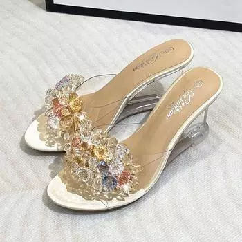 Женские летние новые пикантные прозрачные туфли на высоком каблуке со стразами, тапочки на наклонном каблуке, серия 1098, туфли на высоком каблуке 6 см, LFD 34 серебряный